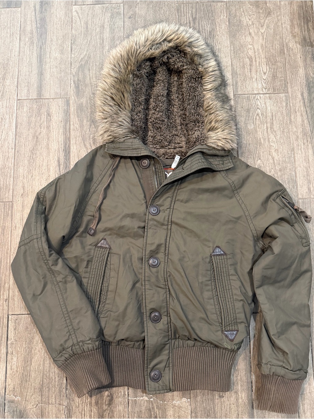 Vintage Y2K American Eagle Sherpa N-2B Bomber Jacket Faux Fur Hood Olive Green